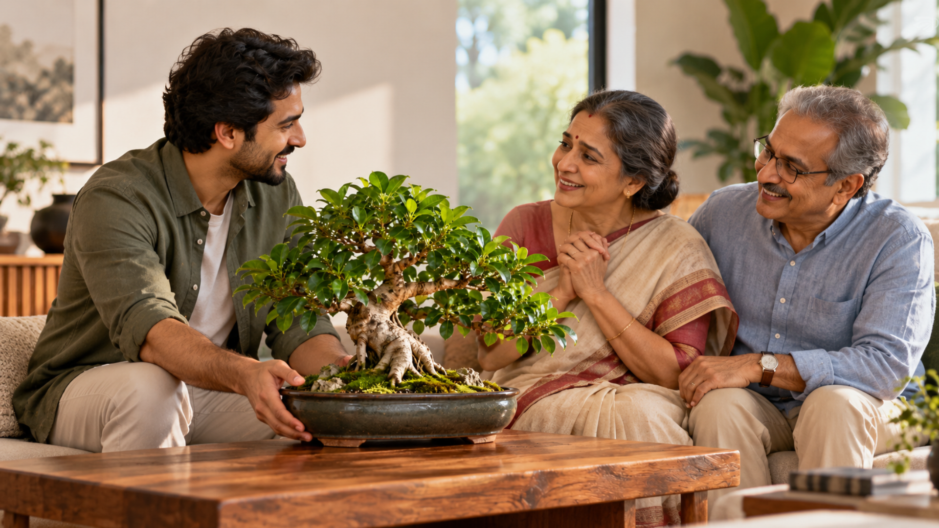 Son presents ficus bonsai to parents